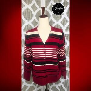 Liz Claiborne Liz Sport Petite Vintage Red White Blue Strip V Neck Cardigan PM